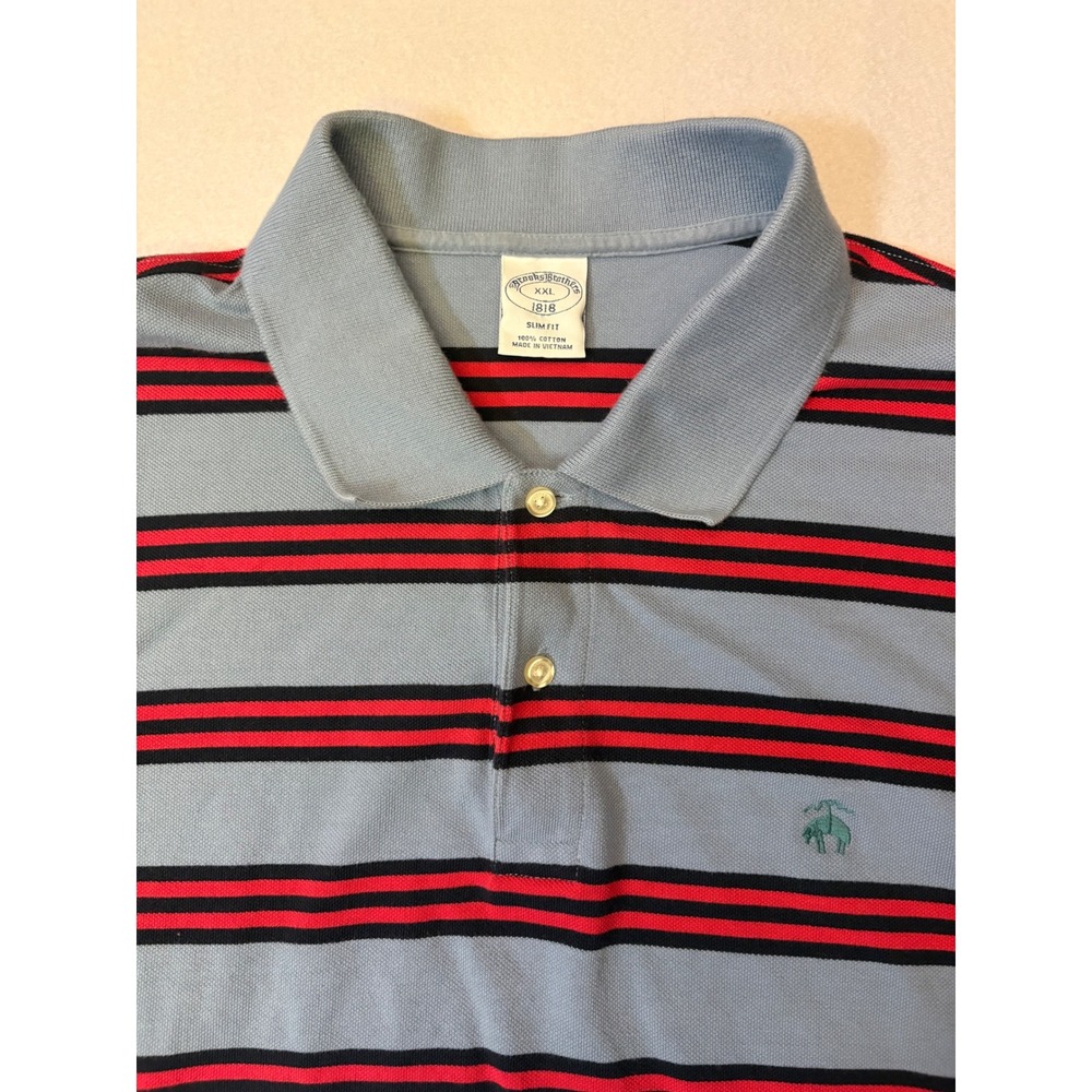 Brooks Brothers 1818 Slim Fit Long Sleeve Polo Shirt XXL Blue Red Striped Cotton